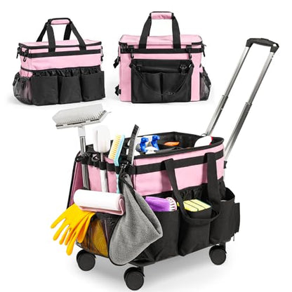 Rolling Cleaning Caddy Bag w/Detachable Trolley & Lid (Pink) - color: Pink