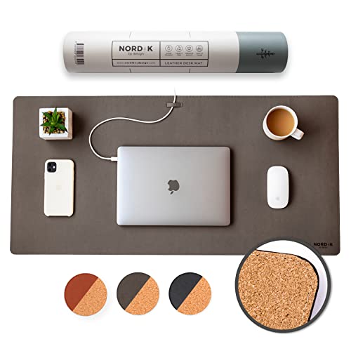 Nordik Leather Desk Mat - Cork Gunmetal Gray - Leather Desk Pad 35x17 in - color: Cork Gunmetal Gray