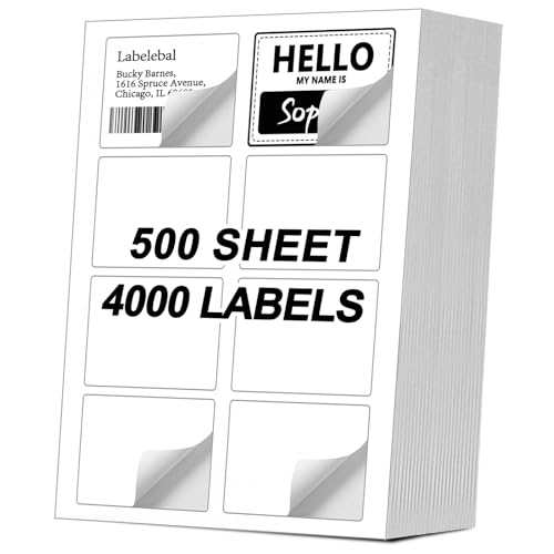 (4000 Labels/500 Sheets) Self Adhesive Name Tag Stickers, 8 Labels per Sheet, A4 Stickers 3-3/8" x 2-1/3" for Inkjet/Laser Printers, White Sticker Shipping/Mailing Labels, - color: 8 Up - 4000 Labels