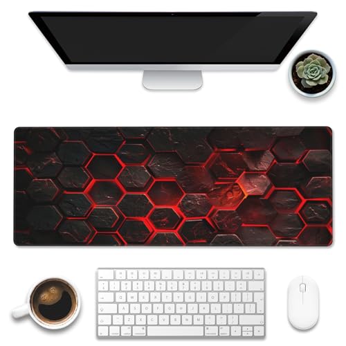 Large Gaming Mouse Pad for Desk,Red Honeycomb Science Technology Desk Mat,Honeycomb Hexagon Desk Pad,Extended Big Computer Keyboard Mouse Pad with Non-Slip Base Stitched Edges 31.5"x11.8" - color: Red Honeycomb Science Technology, size: 11.8" x 31.5"