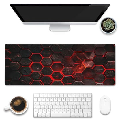 Large Gaming Mouse Pad for Desk,Red Honeycomb Science Technology Desk Mat,Honeycomb Hexagon Desk Pad,Extended Big Computer Keyboard Mouse Pad with Non-Slip Base Stitched Edges 31.5"x11.8" - color: Red Honeycomb Science Technology, size: 11.8" x 31.5"