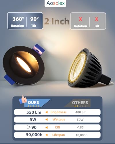 Aosclex 12 Pack 2 Inch Adjustable Gimbal 5CCT Recessed LED Light 5W 550LM - color: Black-2 inch, size: 12 Pack