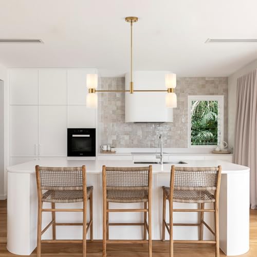Modern Linear Chandelier for Kitchen Island, Gold Island Light Fixtures with White Glass Shade, 4-Light Linear Pendant Light Fixture for Dining Room - color: Gold