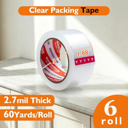 Heavy Duty Packing Tape 6 Rolls, Clear, 2.7 mil, 1.88" x 60Y | Total 360Y, Ultra Strong, Refill for Packaging and Shipping