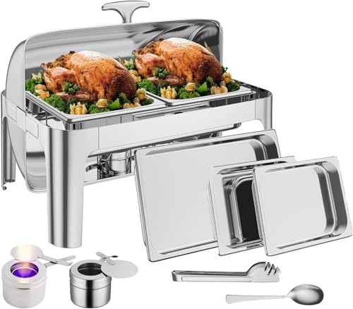 Roll Top Chafing Dish Buffet, 9QT Food-Grade Stainless Steel Commercial Chafer for Catering, Parties, and Weddings, 1 Full Sized Pan+2 Half Sized Pans - color: 9qt-silver Rectangular, size: 1 Full Sized Pan + 2 Half Sized Pans