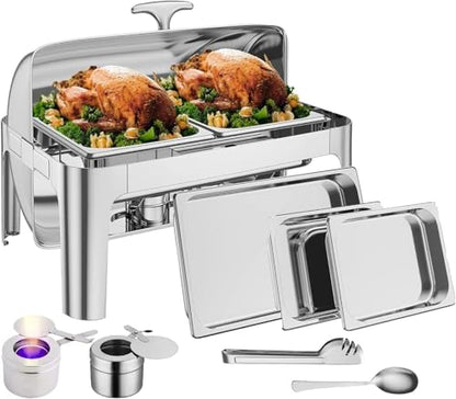 Roll Top Chafing Dish Buffet, 9QT Food-Grade Stainless Steel Commercial Chafer for Catering, Parties, and Weddings, 1 Full Sized Pan+2 Half Sized Pans - color: 9qt-silver Rectangular, size: 1 Full Sized Pan + 2 Half Sized Pans