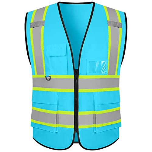 Safety Vest Customize Logo with 5 Pockets & Zipper Reflective High Visibility Vest Class 2 Outdoor Workwear - color: Blue, size: X-Large