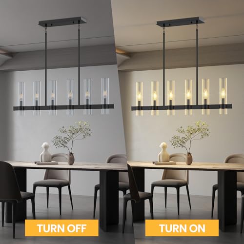 6-Light Linear Chandelier for Dining Room Clear Glass Shades Black