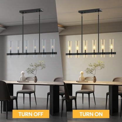 6-Light Linear Chandelier for Dining Room Clear Glass Shades Black