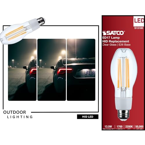 Satco S13180 13.5W LED HID Replacement Bulb, ED17, 2200K, Medium Base (E26), Clear Lens, 120-277V, Ballast Bypass, Enclosed Fixture Rated, High Lumen Output for Outdoor and Commercial Use (20 Pack)