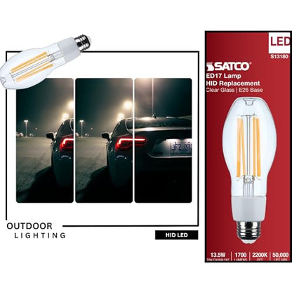 Satco S13180 13.5W LED HID Replacement Bulb, ED17, 2200K, Medium Base (E26), Clear Lens, 120-277V, Ballast Bypass, Enclosed Fixture Rated, High Lumen Output for Outdoor and Commercial Use (20 Pack)
