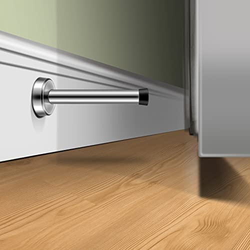8 Inch Long Door Stop, Stainless Steel Extra Long Door Stopper, Wall Mounted, Brushed Nickel Solid Rigid Doorstop with Rubber Wall Protector Bumper, Silver