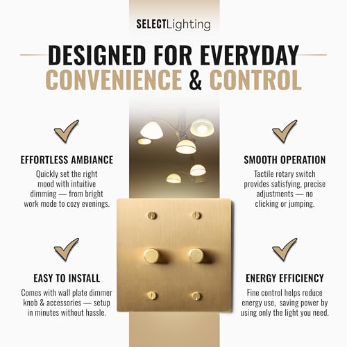 SELECT 2 Gang Solid Brass Rotary Dimmer Switch, 3-Way & 1-Way Compatible - color: Satin Brass, size: 2 Gang, style: 1/3-Way Dimmer