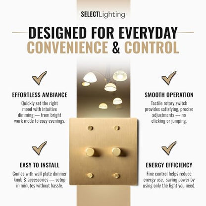 SELECT 2 Gang Solid Brass Rotary Dimmer Switch, 3-Way & 1-Way Compatible - color: Satin Brass, size: 2 Gang, style: 1/3-Way Dimmer