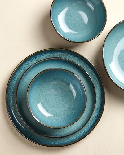 Pokini Stoneware Dinnerware Sets for 12, 36Pcs Ceramic Plates and Bowls Set - color: Green Black, size: Set (36pcs)