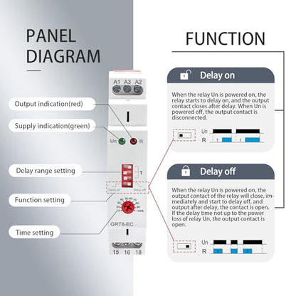 10A Timer Relay On Delay or Off Delay GRT8-EC Dual Function, 24V Time Relay On Delay or Off Delay Adjustable Wide Time Delay Range for 0.1Seconds to 10Days AC220V or DC24V Relay in Din Rail