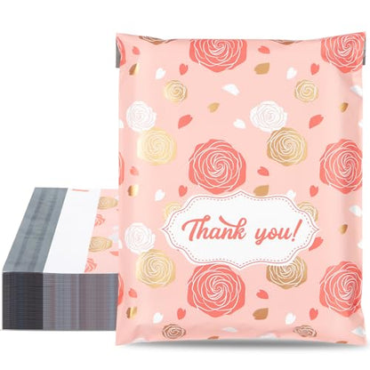 10x13 Inch Poly Mailers, Pink Golden Roses, 100 Pack Self Sealing - color: Pink Gold Roses