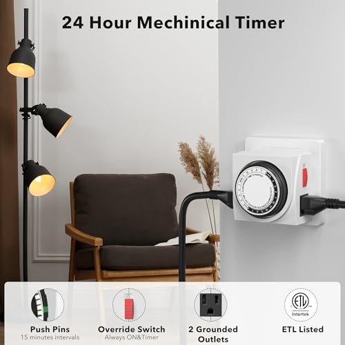 BN-LINK Heavy Duty Dual Outlet Mechanical Timer,24-Hour Light Timer,3-Prong - size: 3-Prong, 1-Pack, 2 Outlets, Heavy Duty