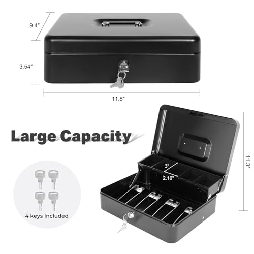 Cash Box with Money Tray and Lock, Metal Money Box for Cash Register 4 Keys - color: Black