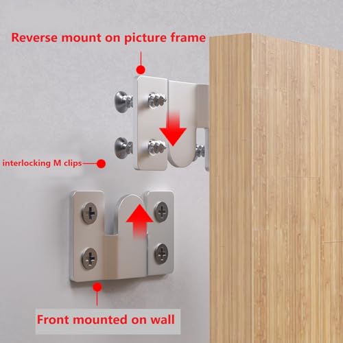 Flush Mount Bracket with Screws 6 Sets Hanging Buckle Kit, Interlocking Heavy Duty Photo Frame Hook, Furniture Connector for 100lb Picture Hangers Art Gallery Wall Mount Hardware, Stainless Steel (6)