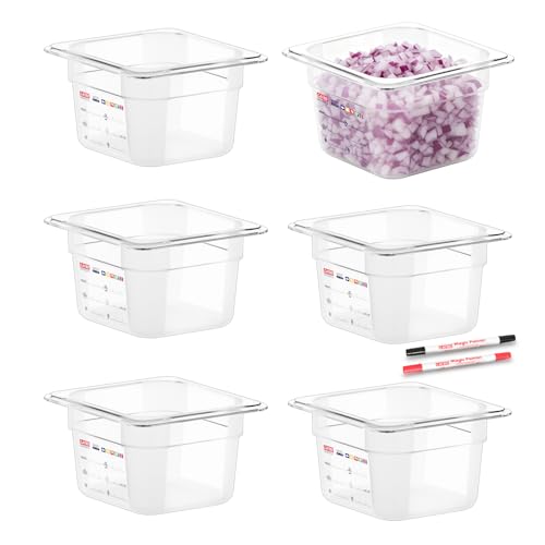 6-Pack 1/6 Size 4" Deep Polycarbonate Food Pans, NSF Commercial Clear Hotel Pan for Sauces, Condiments, Toppings & Small Prep, Food-Grade with Erasable Markers - color: 1/6 Size, size: 4" Deep