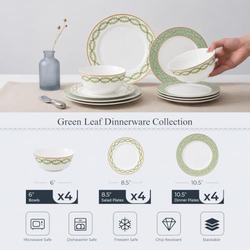 Bone China Dinnerware Set for 4, 12 Pcs White Plates and Bowls, Green Rim - color: Green