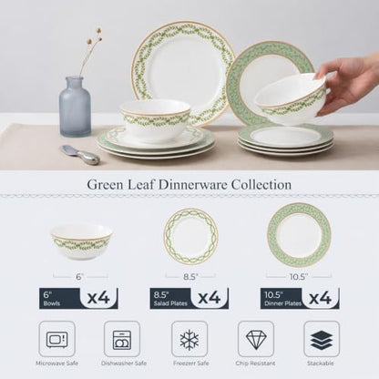 Bone China Dinnerware Set for 4, 12 Pcs White Plates and Bowls, Green Rim - color: Green