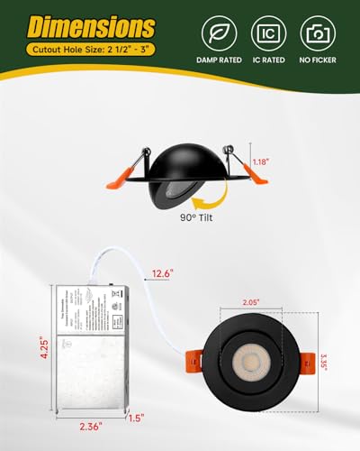 ZYC Gimbal LED Recessed Lighting - 3 Inch 5CCT 7W 360° Rotation Adjustable Eyeball Light,LED Swivel Spotlight,Directional Sloped Ceiling Light,Dimmable Canless Wafer Downlight Pack of 6 Black. - color: Black, size: 3 INCH || 6 PACK
