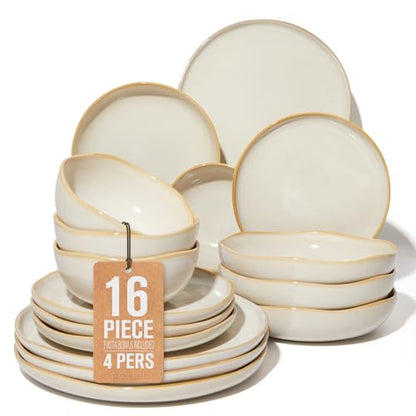 Pokini Stoneware Dinnerware Sets for 4, 16Pcs Ceramic Plates and Bowls Sets - color: Yellow White, size: Set (16pcs)