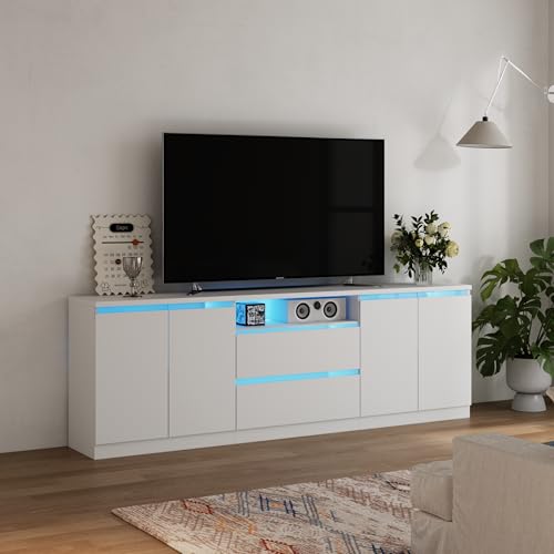 Bobve Modern TV Stand for TVs Up to 100",LED TV Console,Long Entertainment Center with 2 Drawers/2 Cabinets,Universal TV Stand for Living Room,Bedroom,White,3 Light Modes - color: White