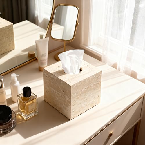 Natural Travertine Marble Tissue Box Holder Cover, Square Cube Tissue Box Holder with Open Bottom for Bathroom Vanity Tops, Bedroom Dressers, Kitchen Countertop, Travertine Beige(NS022) - color: Beige