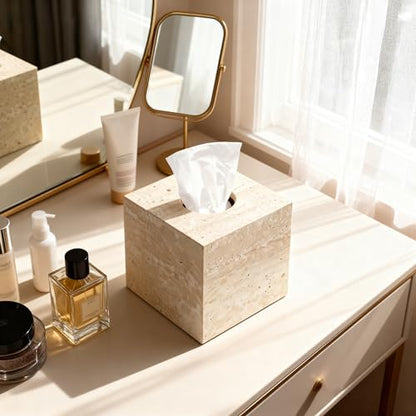Natural Travertine Marble Tissue Box Holder Cover, Square Cube Tissue Box Holder with Open Bottom for Bathroom Vanity Tops, Bedroom Dressers, Kitchen Countertop, Travertine Beige(NS022) - color: Beige