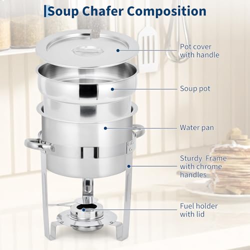 GarveeHome 7QT Soup Chafer Set of 4, Stainless Steel Round Soup Warmer - color: Silver, size: 7QT-4 Pcs