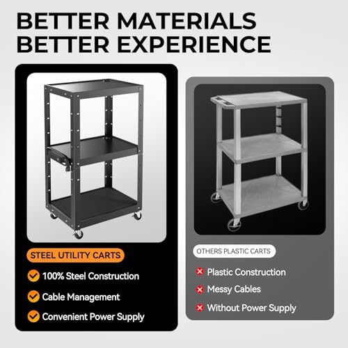 Auto Dynasty Adjustable AV Cart w/Power Strip, 4 ft Rolling Stand, Black - color: Black