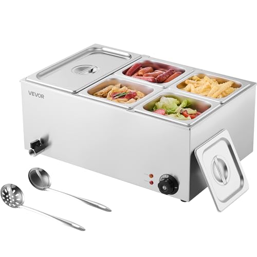 VEVOR 24QT Commercial Food Warmer, 5-Pan Electric Steam Table, 1200W Professional Countertop Stainless Steel Buffet Bain Marie with 86-185°F Temp Control for Catering, Buffet, Parties, Restaurants - size: 1x1/3Pan and 4x1/6Pan ;24QT