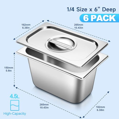 Hotel Pans With Lids 1/4 Quarter Size 6 Inch Stainless Steel Food Pans - color: 1/4 Size, size: 6" Deep