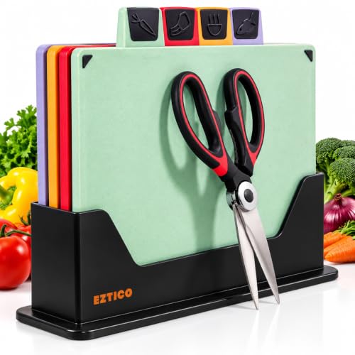 4-Piece Non-Toxic Cutting Board Set 12"L x 9"W with Premium Scissors – BPA-Free Plastic and Rubber Chopping Boards for Kitchen Essentials with Organizer, Dishwasher Safe Accessories Holder. - color: Green, Red, Blue, Orange