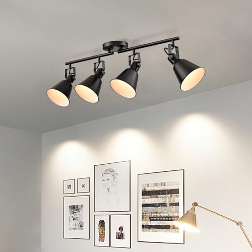 DIRYZON 4-Light Industrial Matte Black Adjustable Round Track Lighting, Semi Flush Mount Ceiling Light with Multi-Directional Heads for Kitchen, Living Room, Bedroom, Hallway, Dimmable - color: Black, size: 4-Light