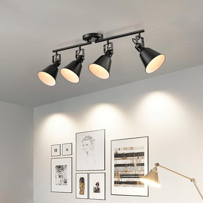 DIRYZON 4-Light Industrial Matte Black Adjustable Round Track Lighting, Semi Flush Mount Ceiling Light with Multi-Directional Heads for Kitchen, Living Room, Bedroom, Hallway, Dimmable - color: Black, size: 4-Light