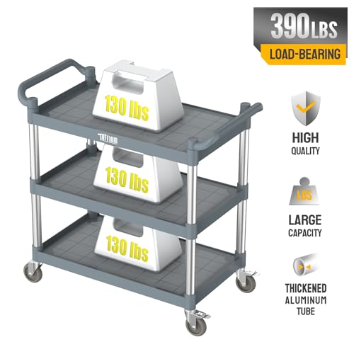 TUFFIOM Plastic Service Utility Cart with Wheels,Heavy Duty 450lbs Capacity, 3-Tier Commercial Rolling, Ideal for Restaurant, Foodservice, Office, Warehouse, Gray 39.8''L x 19.1''W x 38.4''H - size: Gray 39.8''L x 19.1''W x 38.4''H
