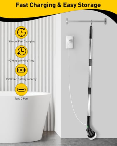 Shower Scrubber with Long Handle, Electric Shower Bathroom Cleaner Brushes - size: 3 Brush Heads