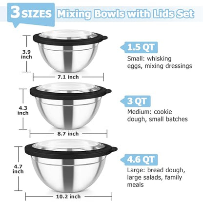 TeamFar Mixing Bowls, 4.5/3/1.5 QT Stainless Steel Nesting Salad Bowls - color: Black