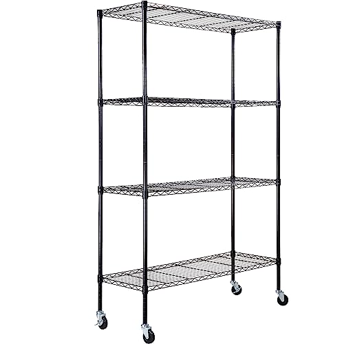 VEVOR Storage Shelving Unit, 4-Tier Adjustable Storage Shelves, 48" L x 18" W x 74" H Garage Storage Shelves, Metal Shelves with Wheels for Kitchen Pantry Basement Bathroom Laundry - color: Black, size: 48" L x 18" W x 74" H