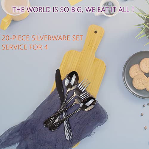 Hammered Silverware Set for 4, 20-Piece Black Flatware, 18/10 Stainless Steel Include Knife/Fork/Spoon, Tableware for Kitchen Restaurant, Dishwasher Safe (Black) - color: Black