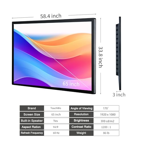 65 inch Capacitive Multi-Touch Screen Industrial Monitor, 16:9 Display 4K, Built-in Speakers, USB, VGA, DP & HD-MI Ports, Digital Signage Displays and Player for Advertising - size: 65-inch