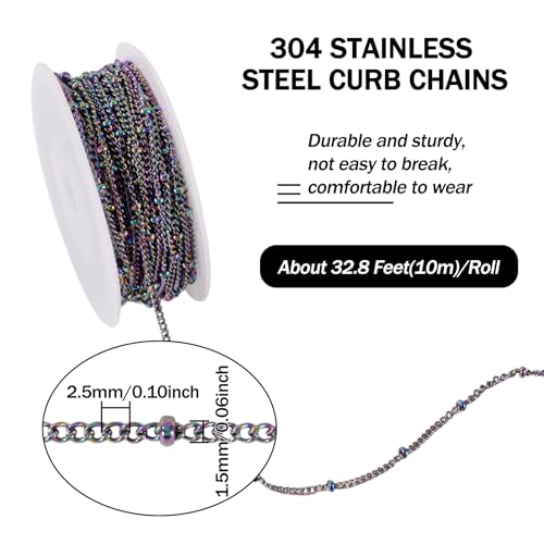 Craftdady 32 Feet Stainless Steel Link Twisted Curb Chains Multicolor Soldered Cable Cross Beaded Satellite Chains with Spool for Bracelet Necklace Earring Jewelry Making - color: Colorful, 2.5x1.5mm