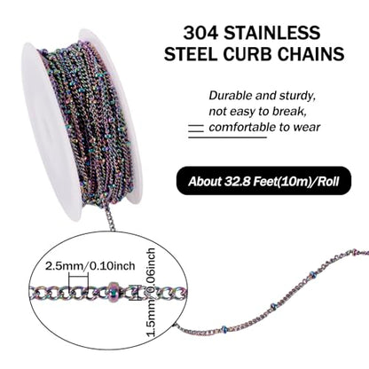 Craftdady 32 Feet Stainless Steel Link Twisted Curb Chains Multicolor Soldered Cable Cross Beaded Satellite Chains with Spool for Bracelet Necklace Earring Jewelry Making - color: Colorful, 2.5x1.5mm