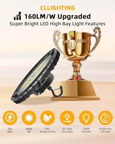 UFO LED High Bay Light 300W, 6 Pack, 48,000LM, 1-10V Dimmable, Flicker-Free - size: Dia. 13.19"-300W