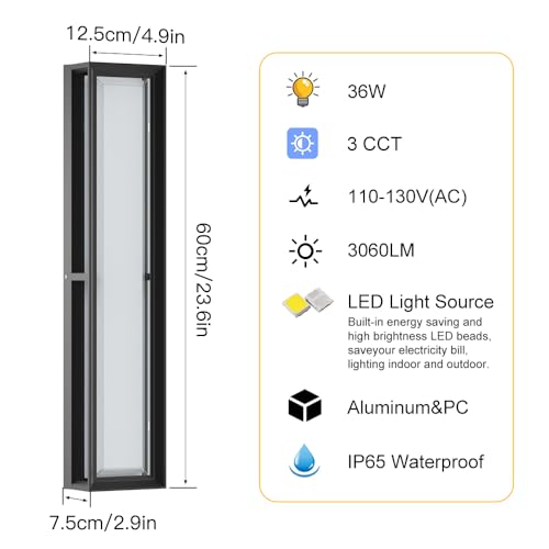 Large Outdoor Wall Lights,10%-100% Dimming LED Wall Sconce Light,3000k 4500K 6000k,23.6in LED Exterior Light Fixture,IP65 Matt Black Fixture for Commercial and Residential(2Pack)