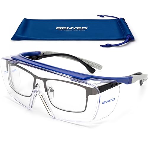 GENYED Safety Glasses Over Eyeglasses, ANSI Z87+, Anti-Fog, Scratch-Resistant, UV Protection, Adjustable Temples, Wraparound Fit Over Prescription Eyewear